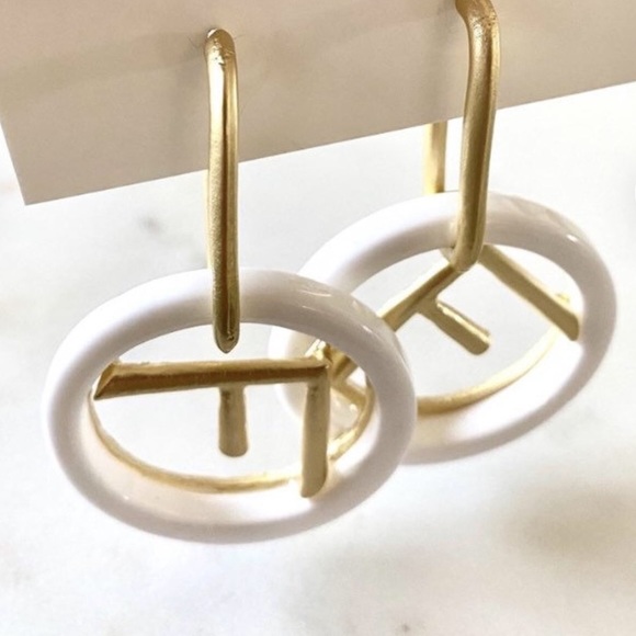 F Luxury Earrings Hoops Brushed Gold White Fashion Design NEW - Picture 3 of 7